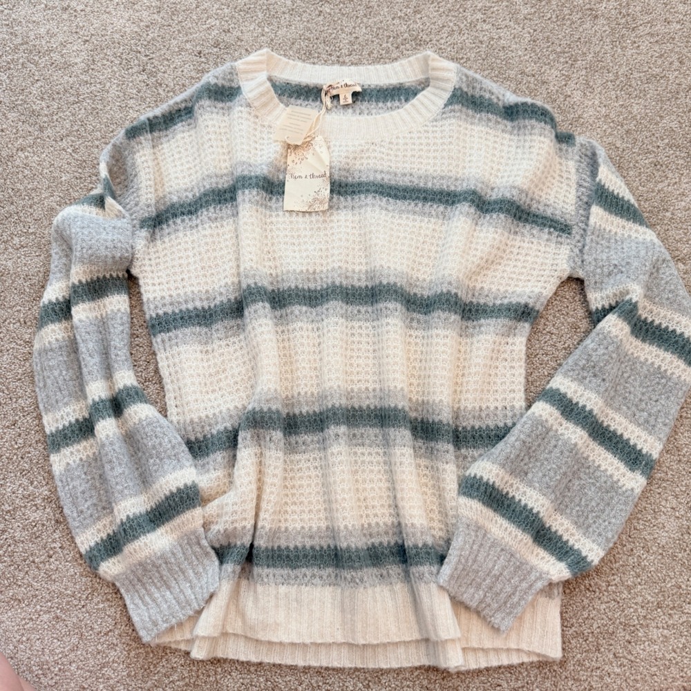 Hem & Thread Striped Waffle Knit Sweater Womens Large Cream Grey Green Cozy NWT